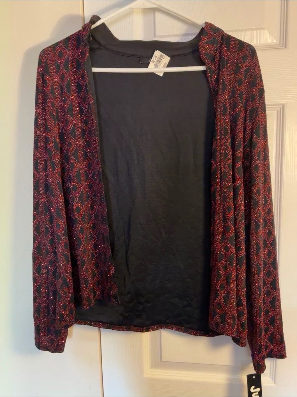 Women's Black Cardigan with Red Patterned Overlay